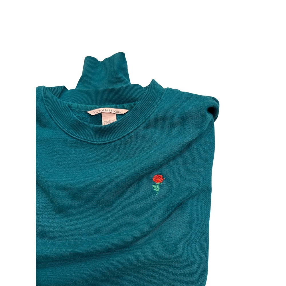 Victoria's Secret Teal Green‎ Crewneck Sweatshirt Rose Embroidered Small - Picture 2 of 5